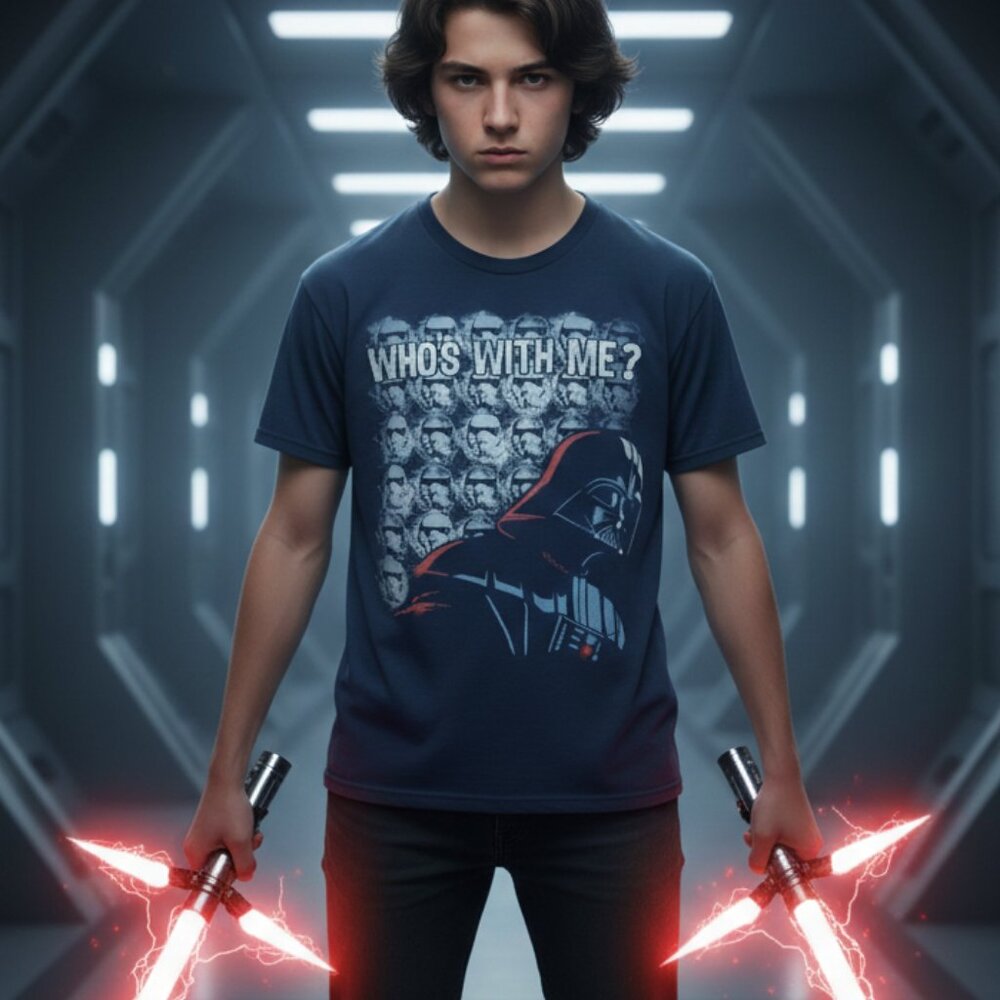 🌑 Star Wars Darth Vader "Who's With Me?" Kids Tee Large Blue Fandom 🚀